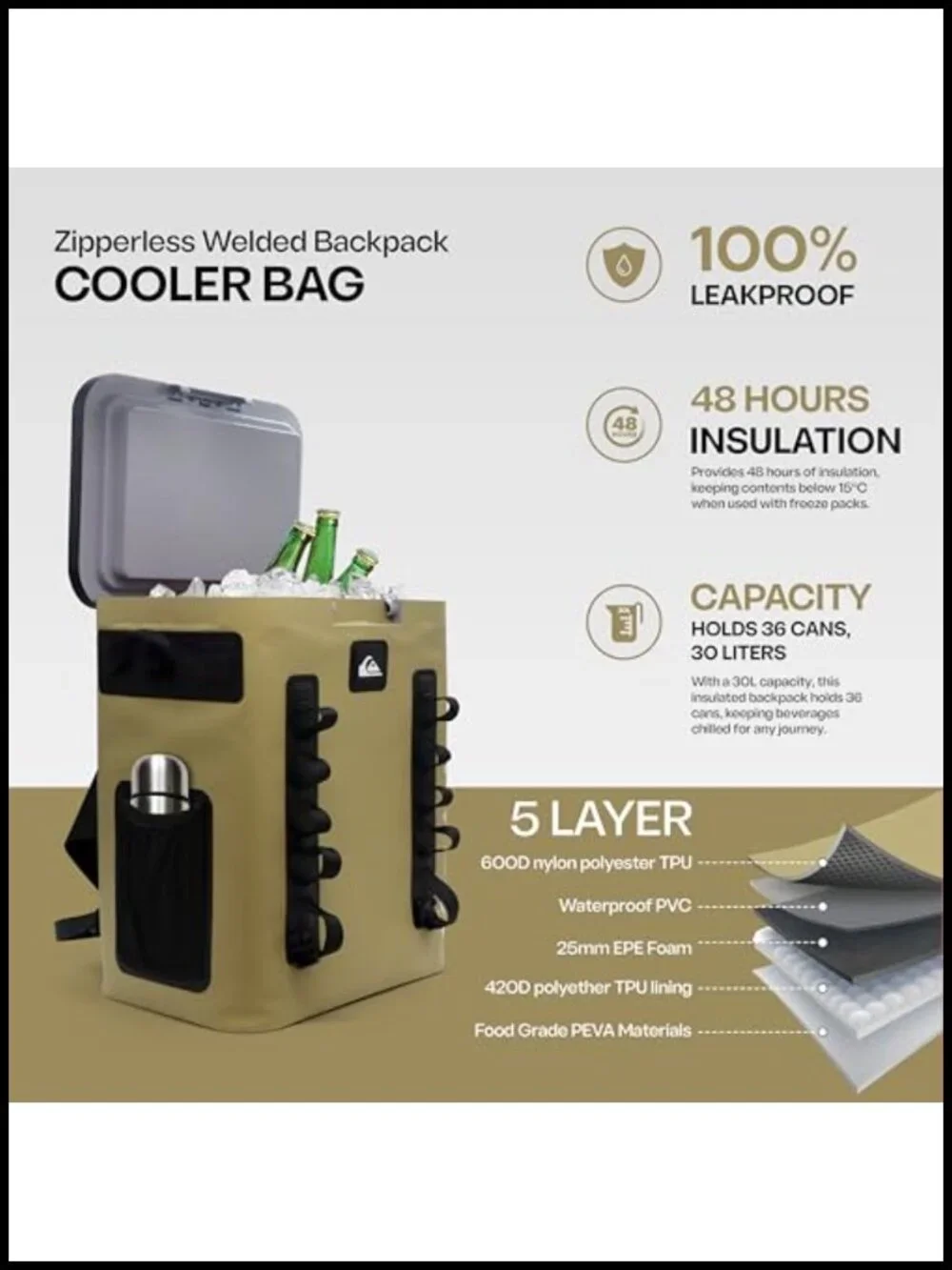 Quiksilver Zipperless Backpack Cooler 30L, Leakproof Insulated, Heavy Duty TPU,